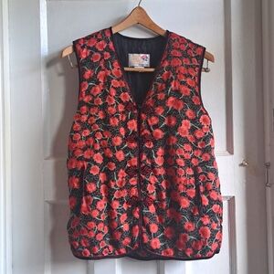 Vintage Chinese Quilted Vest - Red Floral Peony Brand Size Large - 1990s